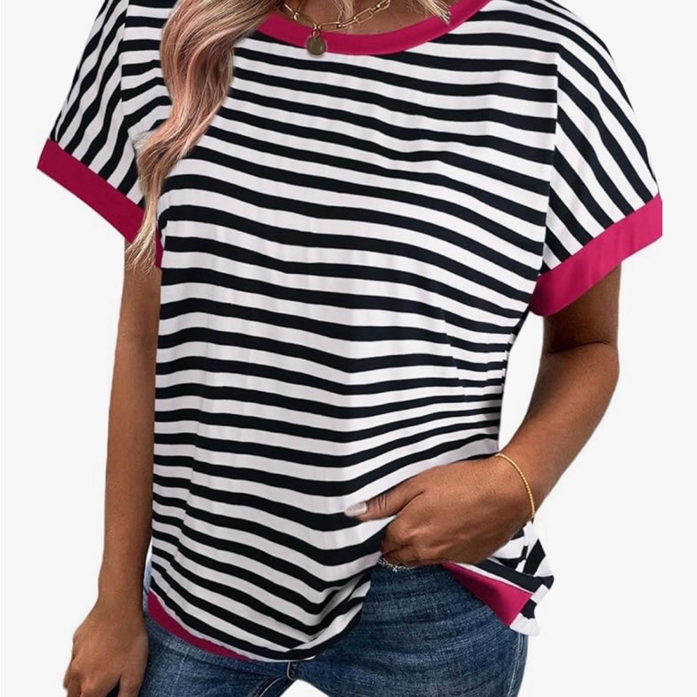 Women's Black & White Striped Short Sleeve Tee with Pink Trim